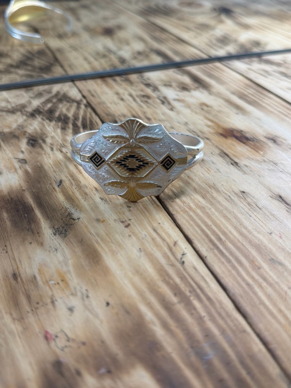 Sterling Silver Two-Tone Engraved Cuff Bracelet - Silver & Gold